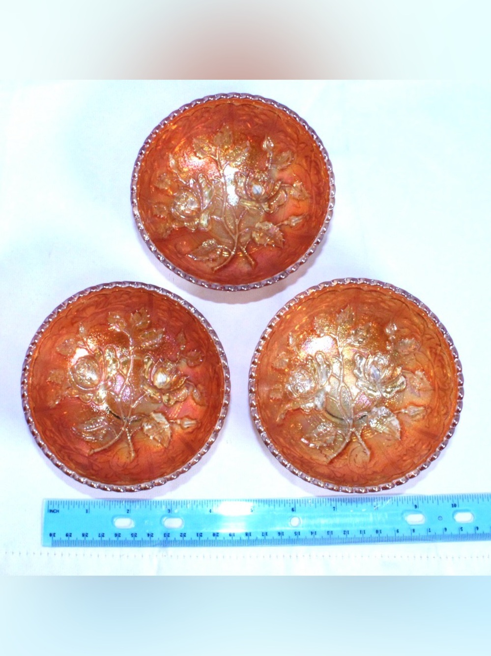Antique Imperial Glass Open Rose Lustre Rose Carnival Glass  Bowls Set of 3
